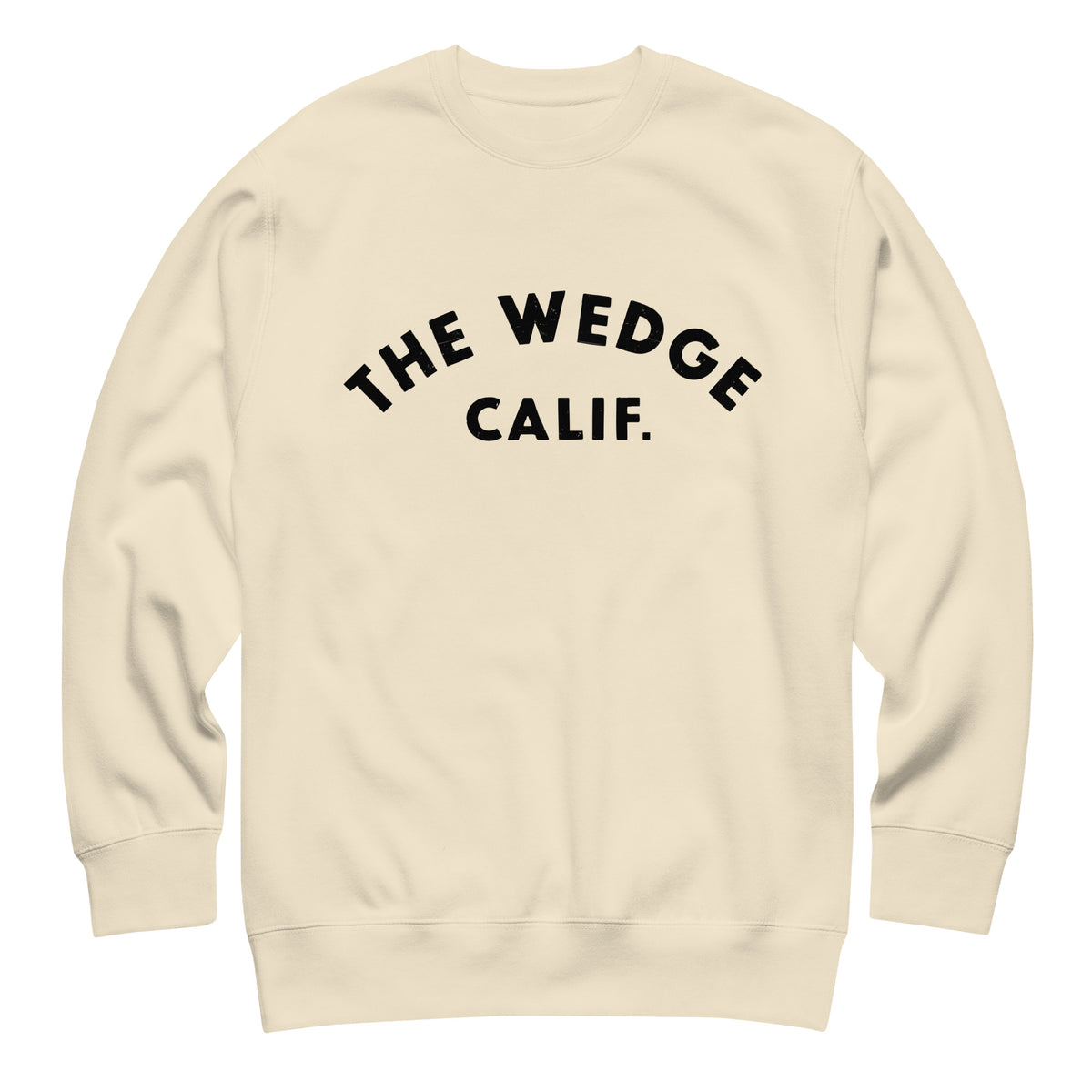 "The Wedge" in classic California surf lettering, printed on a SodaPop Cool crew sweatshirt.