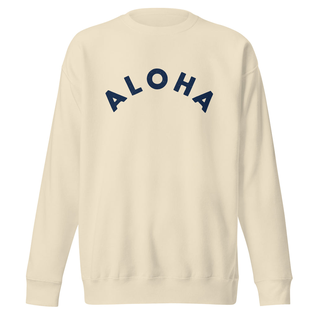 "Aloha" in clean vintage Hawaiian lettering, printed on a SodaPop Cool crew sweatshirt.