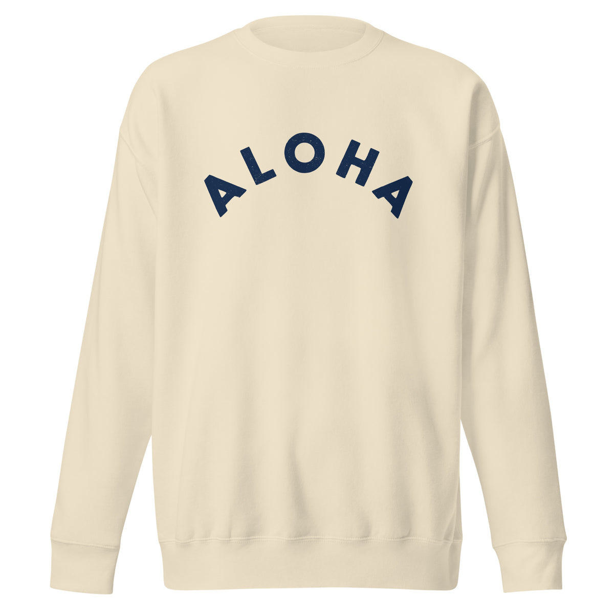 "Aloha" in clean vintage Hawaiian lettering, printed on a SodaPop Cool crew sweatshirt.