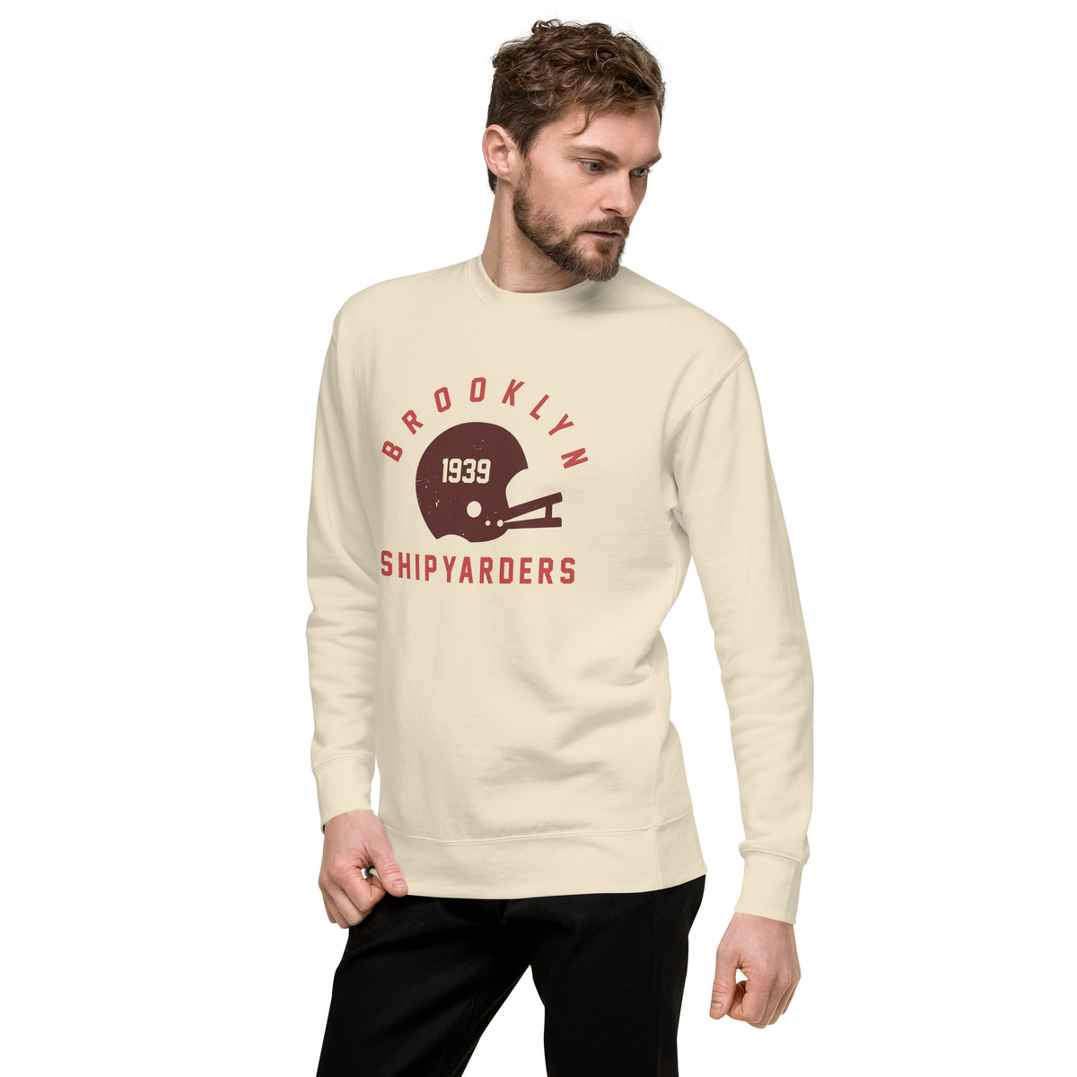 Vintage leather football helmet with "Brooklyn Shipyarders 1939", printed on a SodaPop Cool crew sweatshirt.