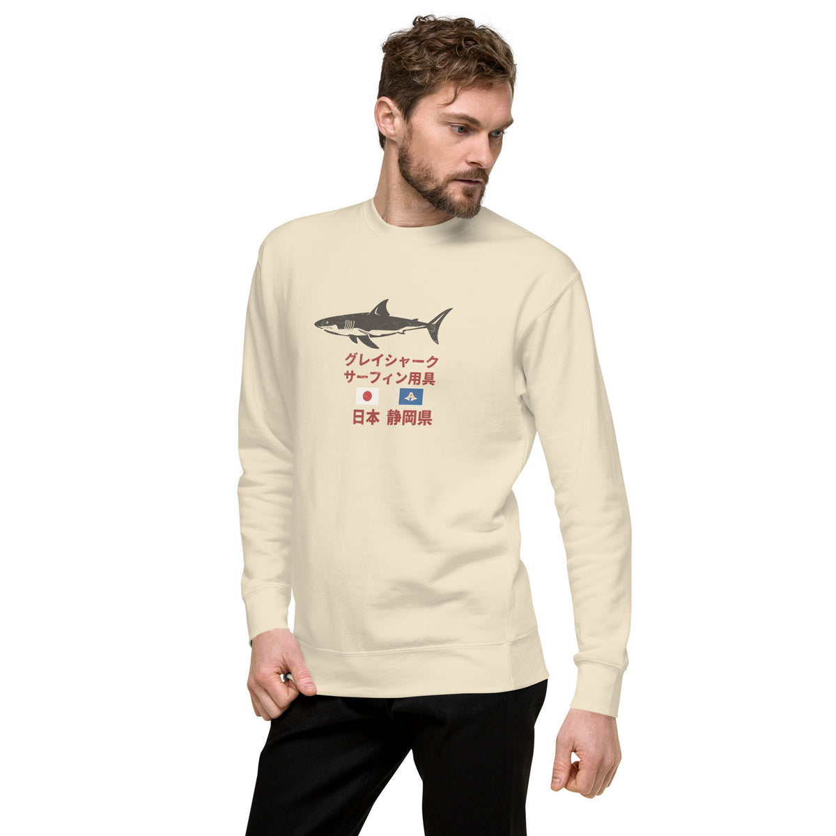 Grey Shark Surfing Society Japan vintage graphic, printed on a SodaPop Cool crew sweatshirt.