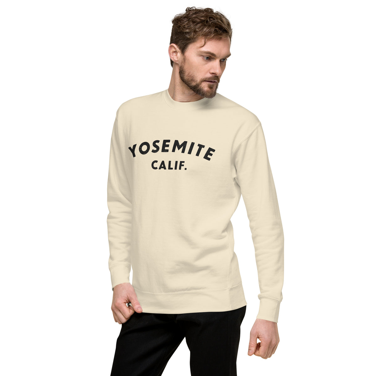 "Yosemite National Park" in vintage park-service lettering, printed on a SodaPop Cool crew sweatshirt.