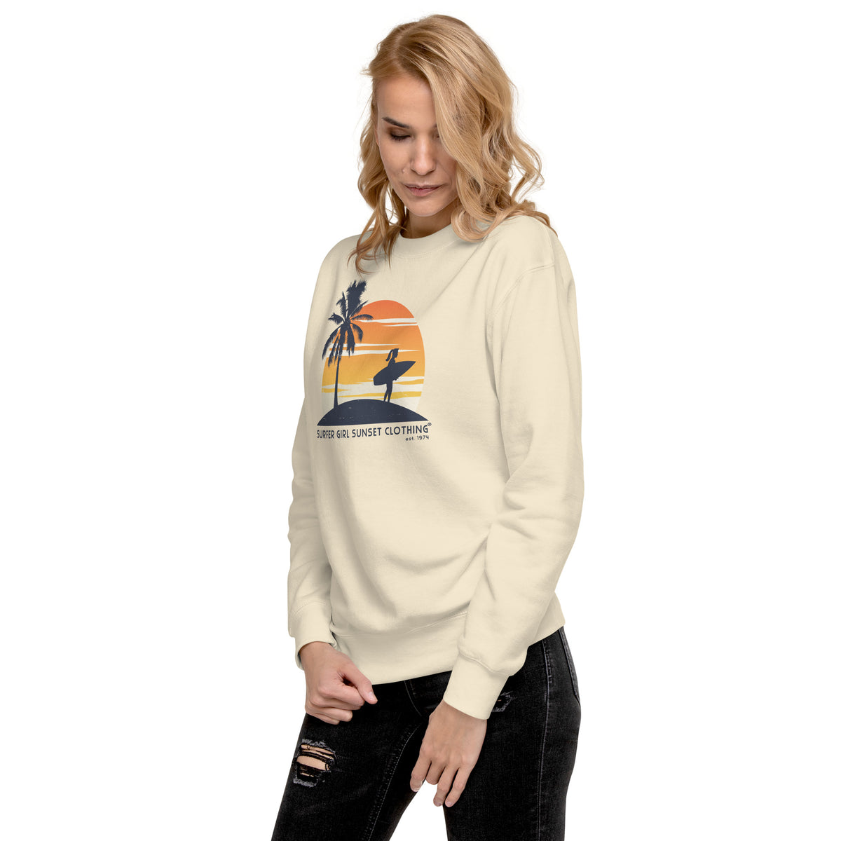 Surfer Girl Sunset Clothing vintage graphic, printed on a SodaPop Cool crew sweatshirt.