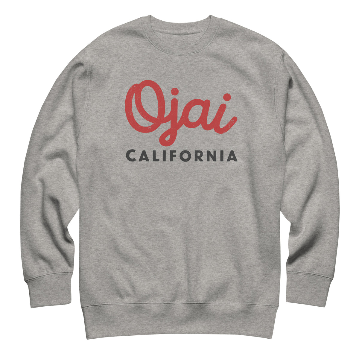 "Ojai California" in classic vintage lettering, printed on a SodaPop Cool crew sweatshirt.
