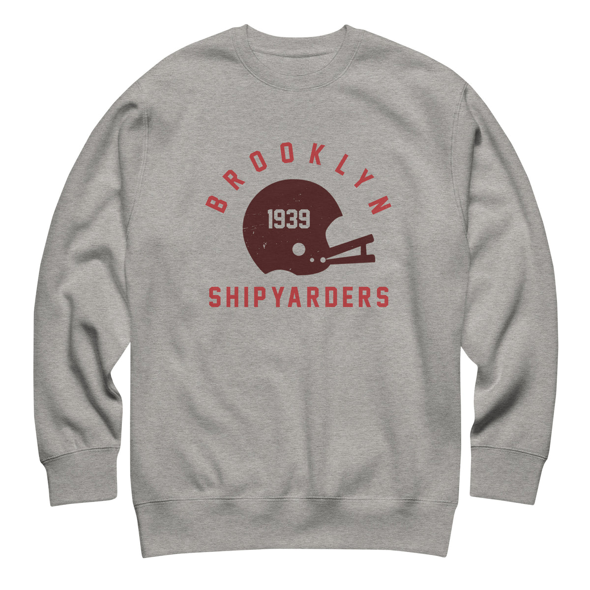 Vintage leather football helmet with "Brooklyn Shipyarders 1939", printed on a SodaPop Cool crew sweatshirt.