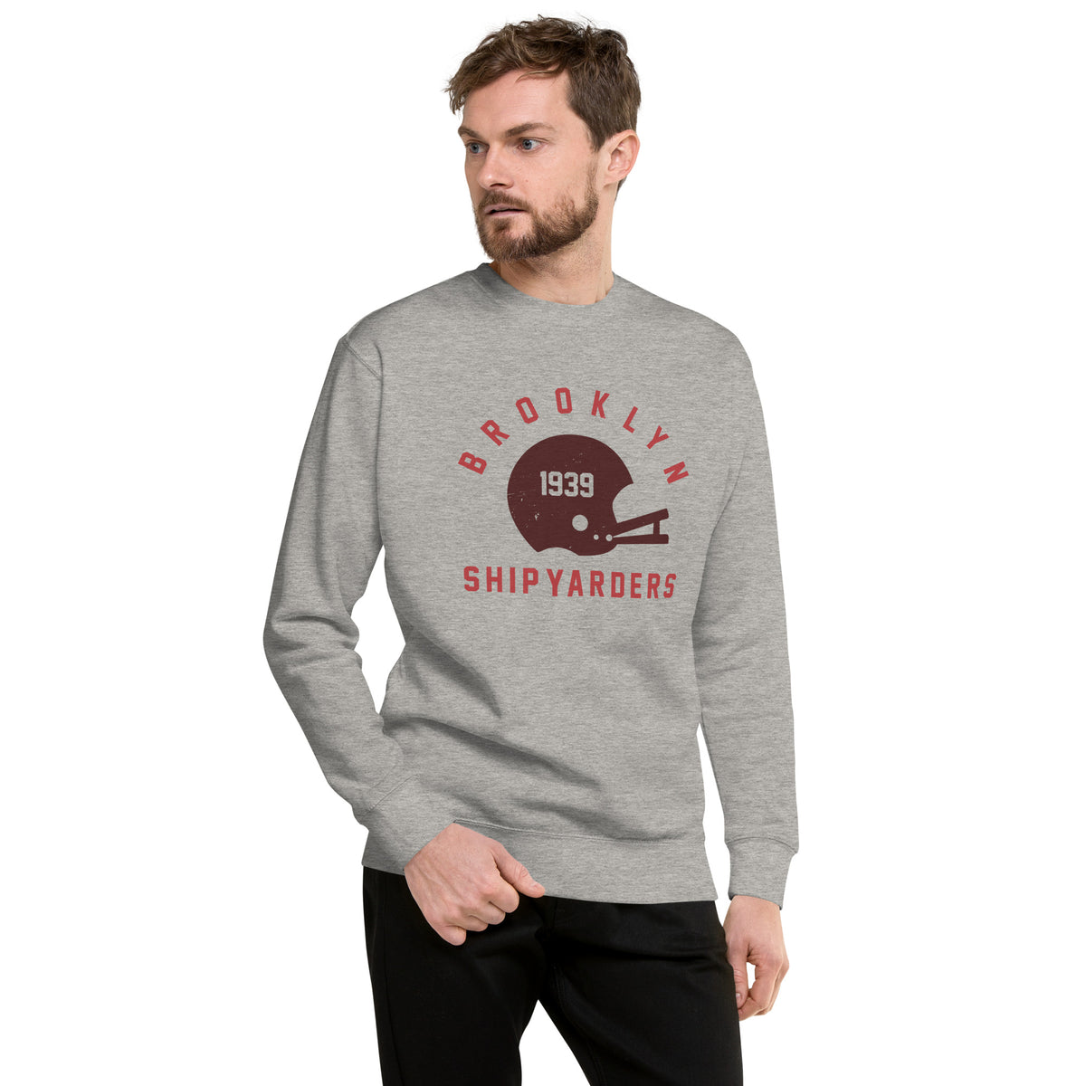 Vintage leather football helmet with "Brooklyn Shipyarders 1939", printed on a SodaPop Cool crew sweatshirt.