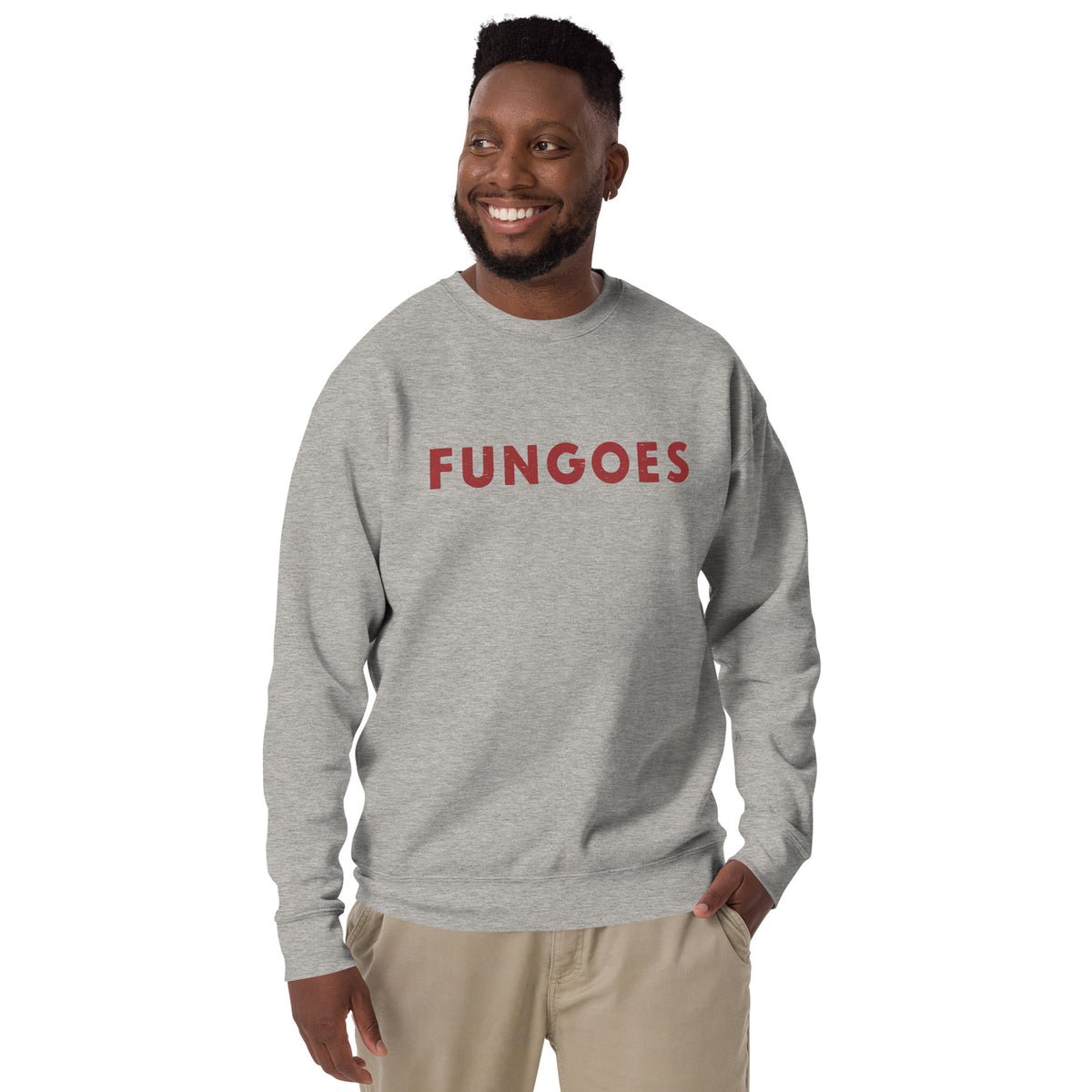 "Fungoes" in simple vintage baseball lettering, printed on a SodaPop Cool crew sweatshirt.