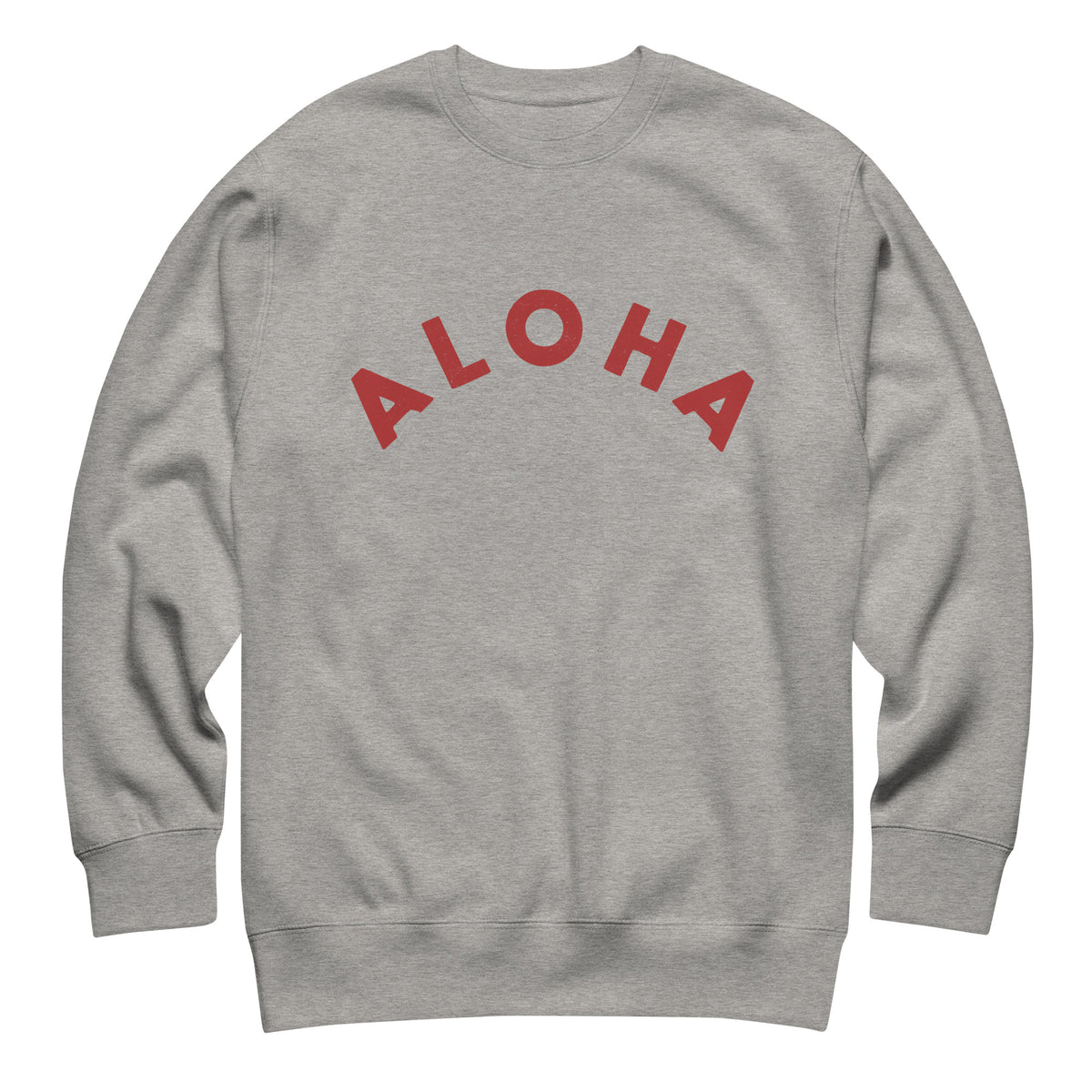 "Aloha" in clean vintage Hawaiian lettering, printed on a SodaPop Cool crew sweatshirt.