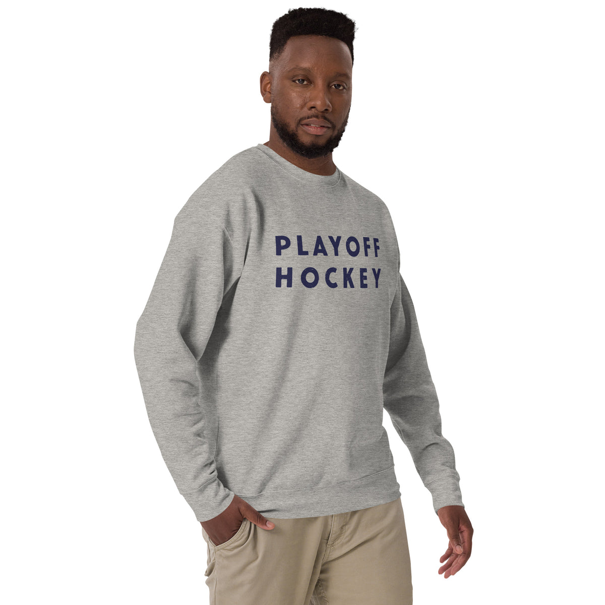 "Playoff Hockey" in simple retro athletic lettering, printed on a SodaPop Cool crew sweatshirt.