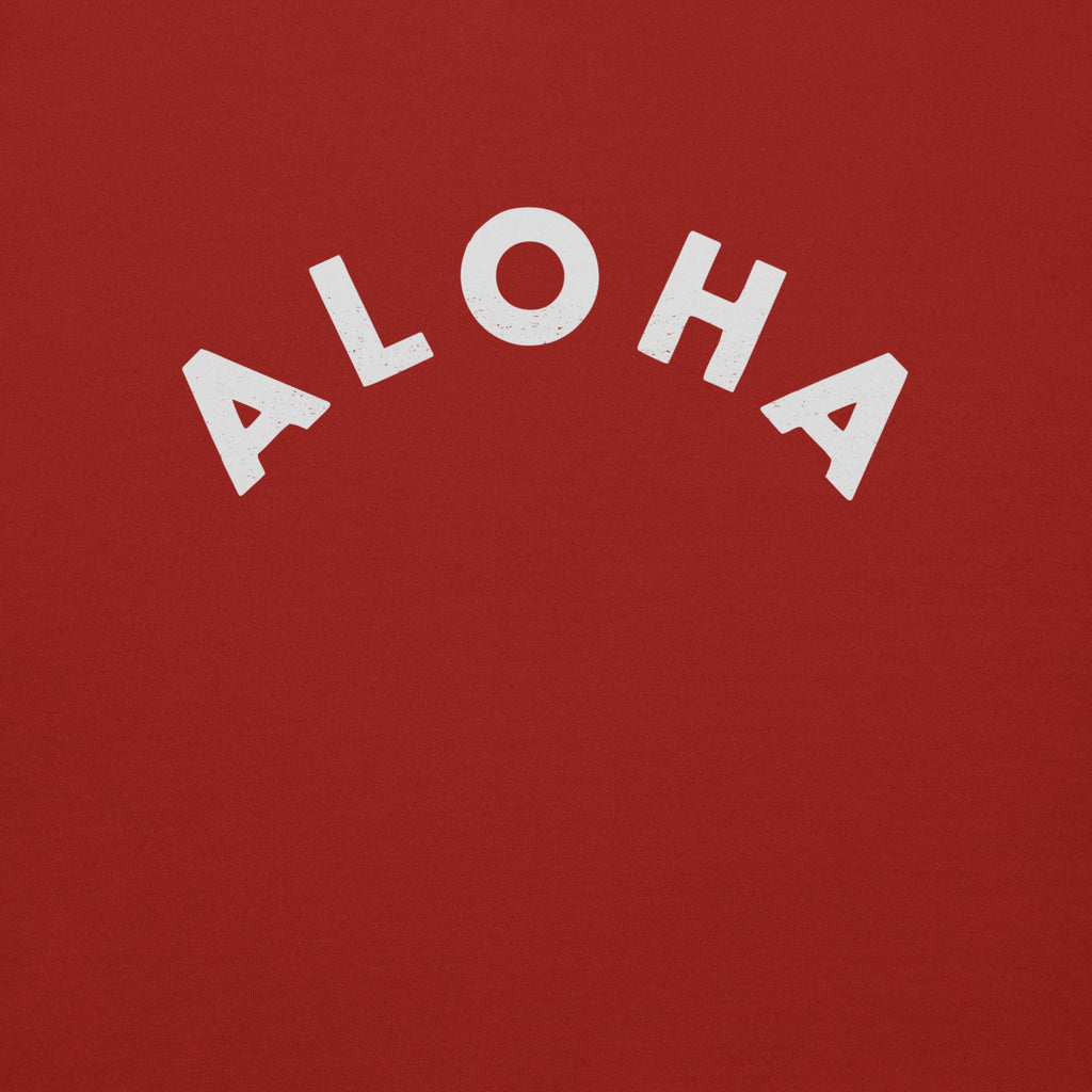 "Aloha" in clean vintage Hawaiian lettering, printed on a SodaPop Cool crew sweatshirt.