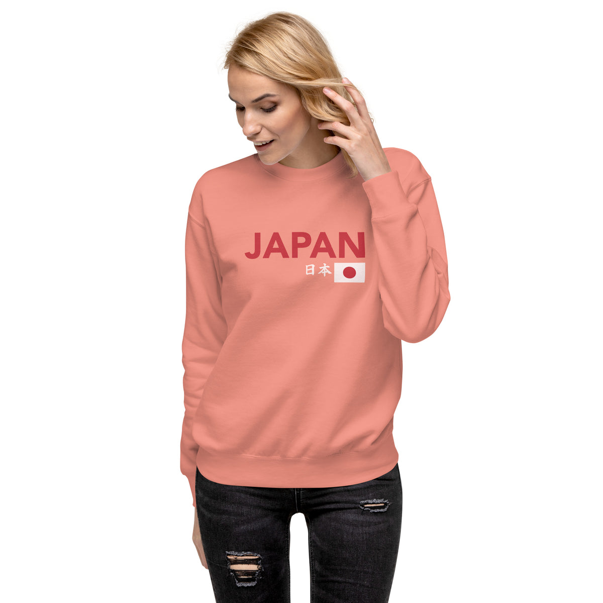 Japanese flag with "Japan" in both Japanese and English classic type, printed on a SodaPop Cool crew sweatshirt.