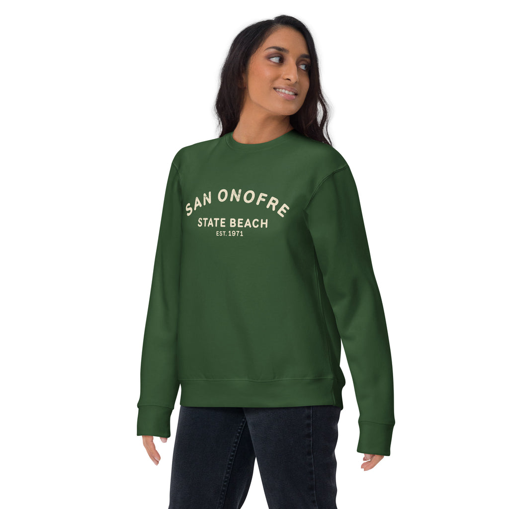 San Onofre Beach California vintage graphic, printed on a SodaPop Cool crew sweatshirt.
