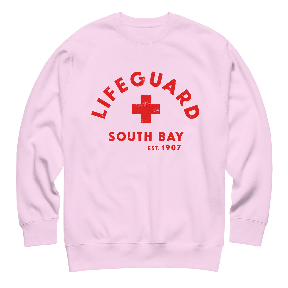 Lifeguard South Bay California 1907 vintage graphic, printed on a SodaPop Cool crew sweatshirt.