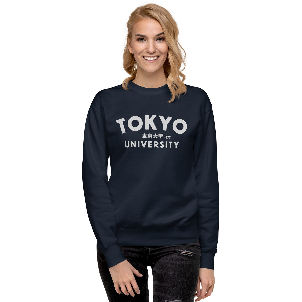 "Tokyo University" in classic collegiate lettering with Japanese script, printed on a SodaPop Cool crew sweatshirt.