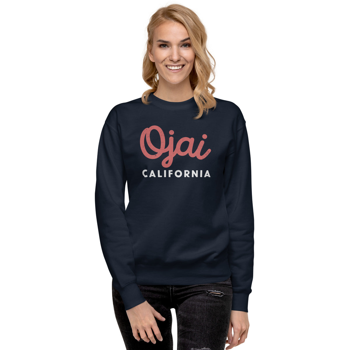 "Ojai California" in classic vintage lettering, printed on a SodaPop Cool crew sweatshirt.