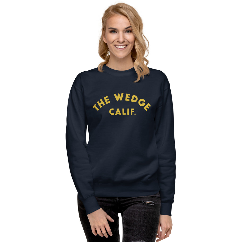 "The Wedge" in classic California surf lettering, printed on a SodaPop Cool crew sweatshirt.