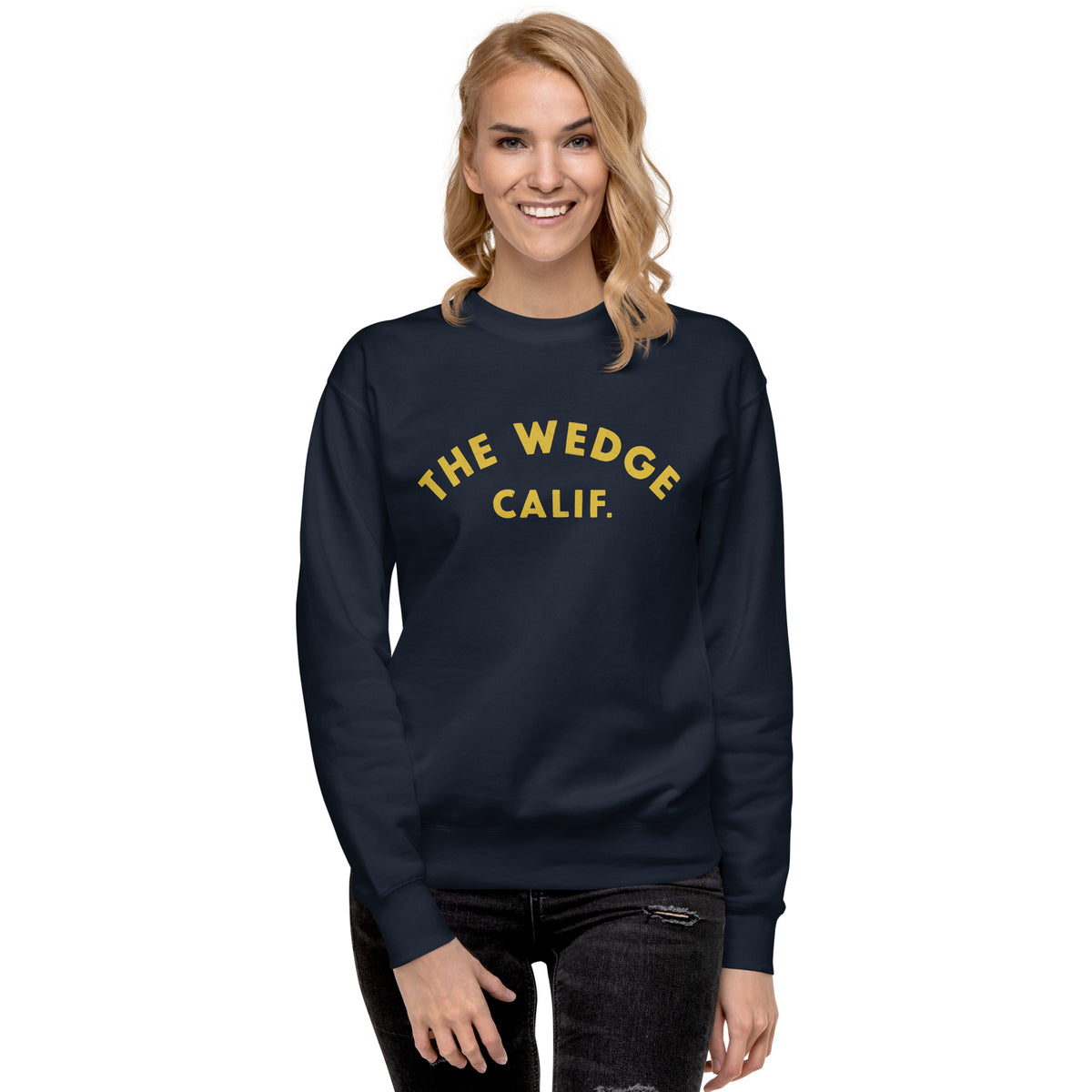 "The Wedge" in classic California surf lettering, printed on a SodaPop Cool crew sweatshirt.