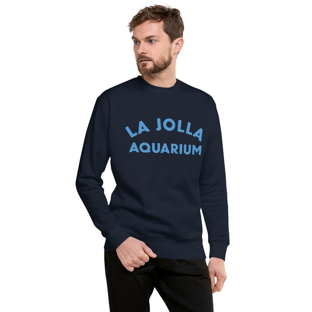 "La Jolla Aquarium" in classic vintage type, printed on a SodaPop Cool crew sweatshirt.