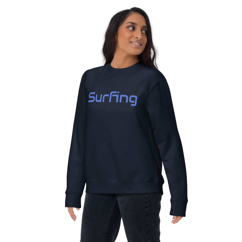 Surfing vintage graphic, printed on a SodaPop Cool crew sweatshirt.