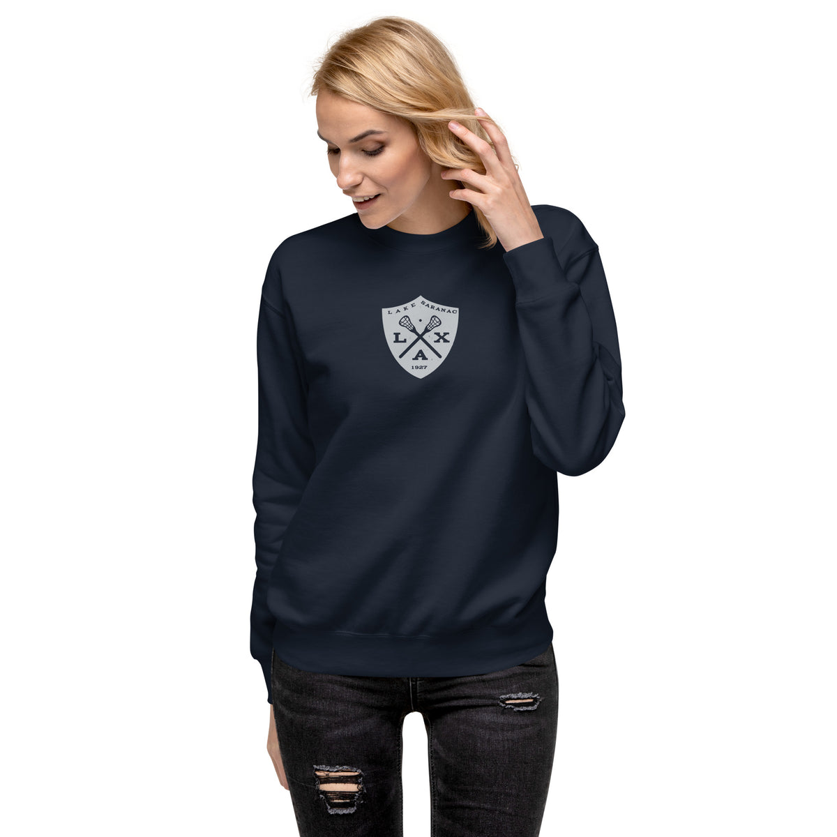 Lake Saranac Lacrosse LAX 1927 vintage graphic, printed on a SodaPop Cool crew sweatshirt.