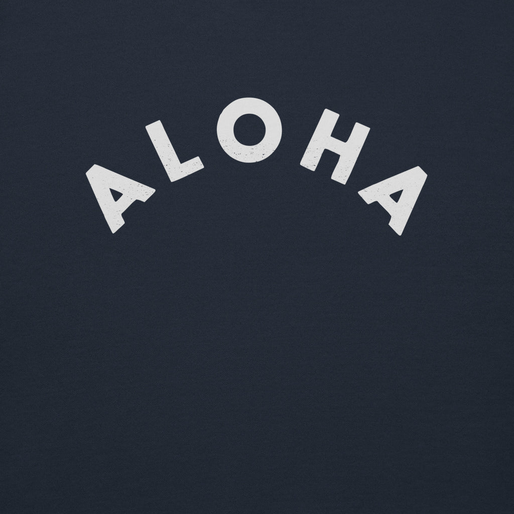 "Aloha" in clean vintage Hawaiian lettering, printed on a SodaPop Cool crew sweatshirt.