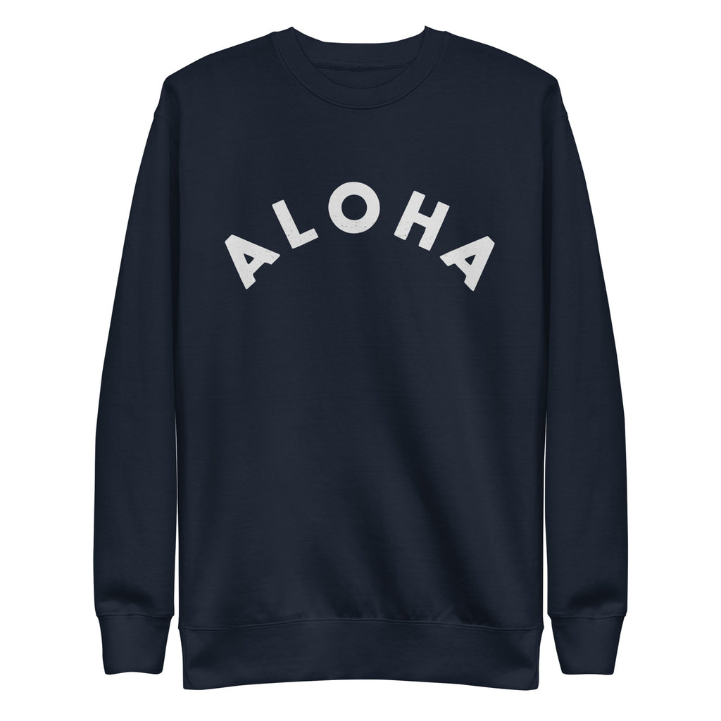 "Aloha" in clean vintage Hawaiian lettering, printed on a SodaPop Cool crew sweatshirt.