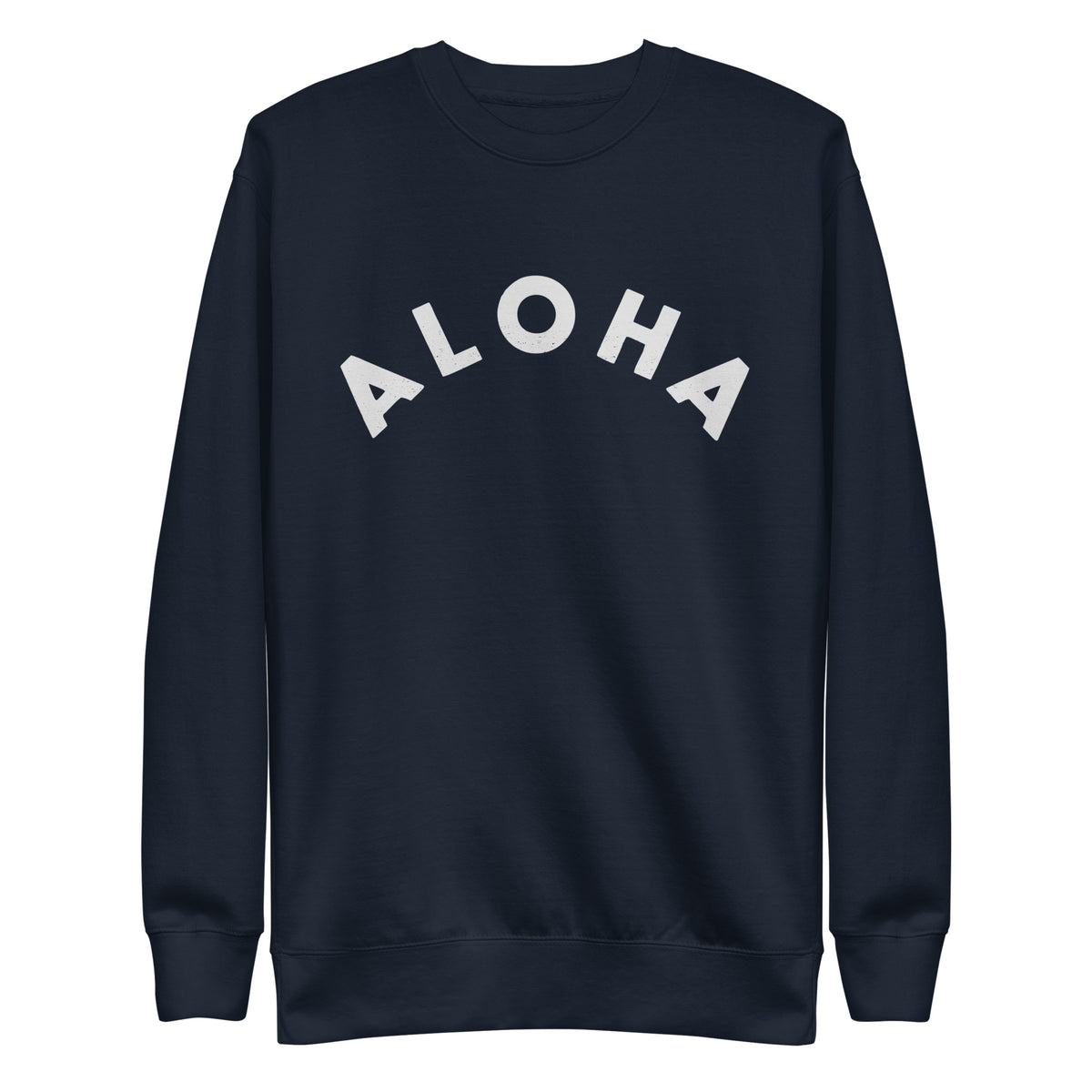 "Aloha" in clean vintage Hawaiian lettering, printed on a SodaPop Cool crew sweatshirt.