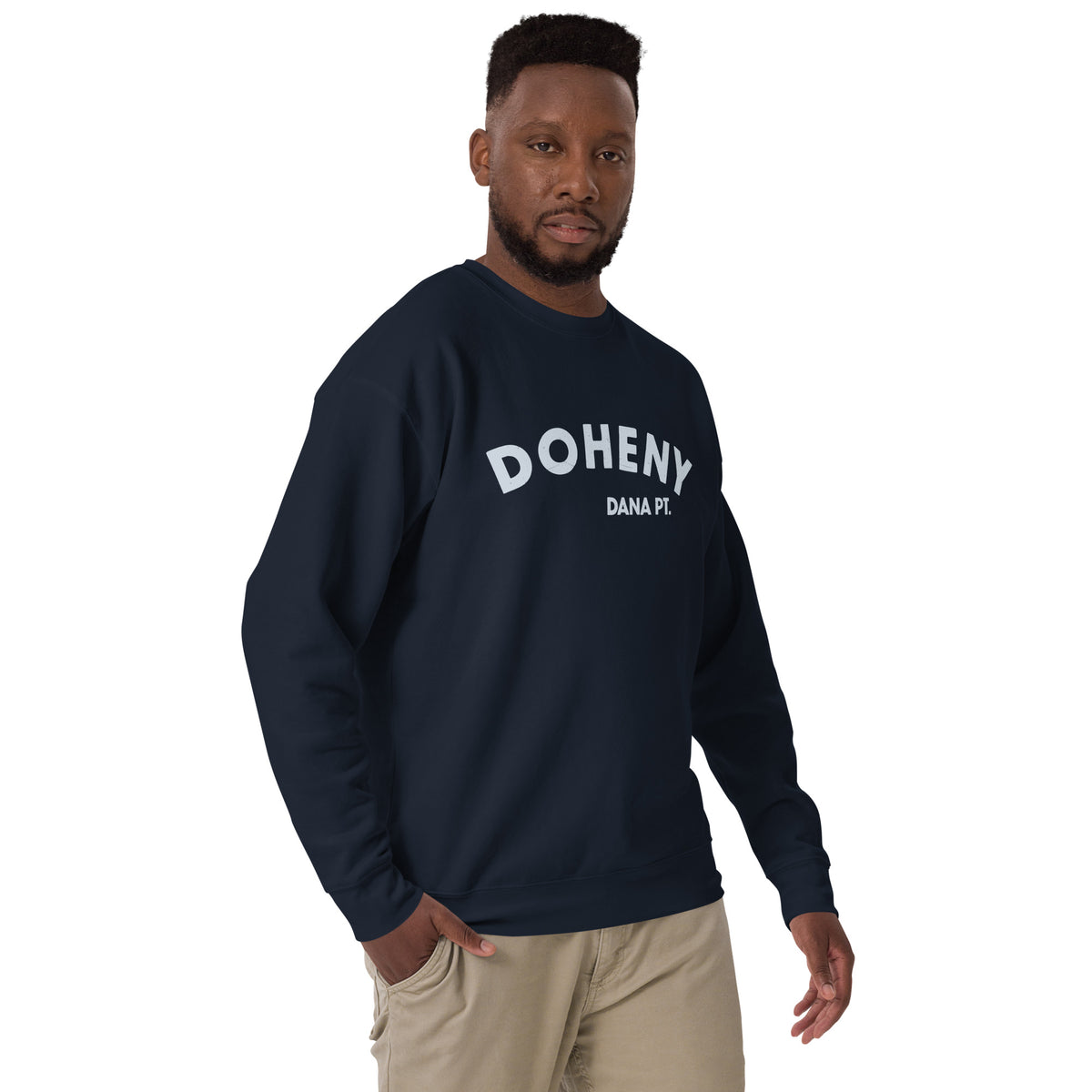 "Doheny Dana Point" in vintage California surf lettering, printed on a SodaPop Cool crew sweatshirt.