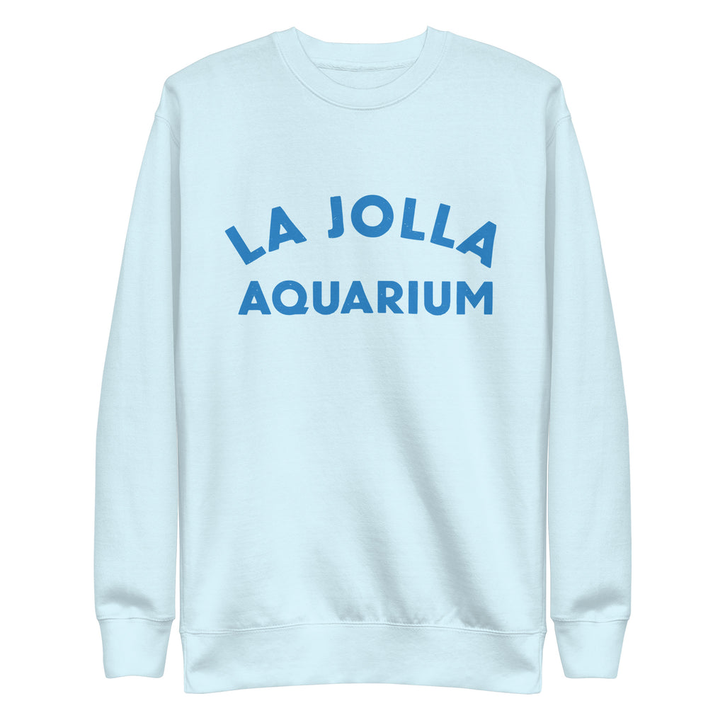"La Jolla Aquarium" in classic vintage type, printed on a SodaPop Cool crew sweatshirt.