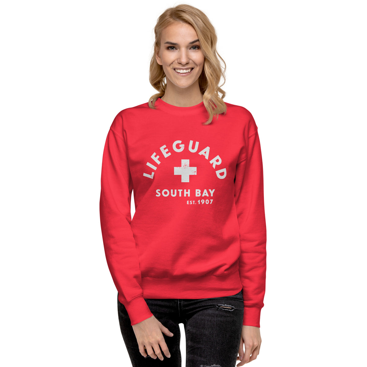 Lifeguard South Bay California 1907 vintage graphic, printed on a SodaPop Cool crew sweatshirt.