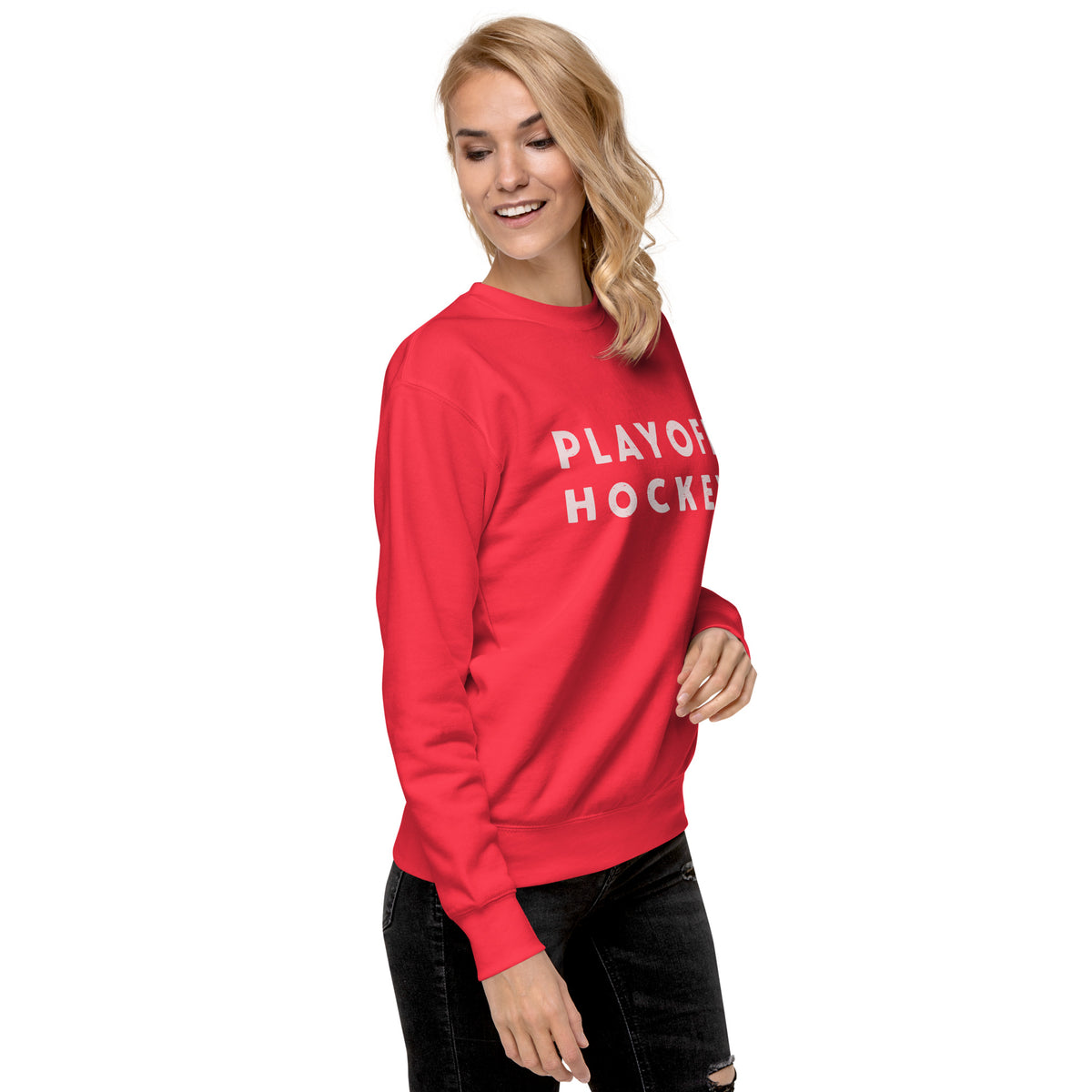 "Playoff Hockey" in simple retro athletic lettering, printed on a SodaPop Cool crew sweatshirt.