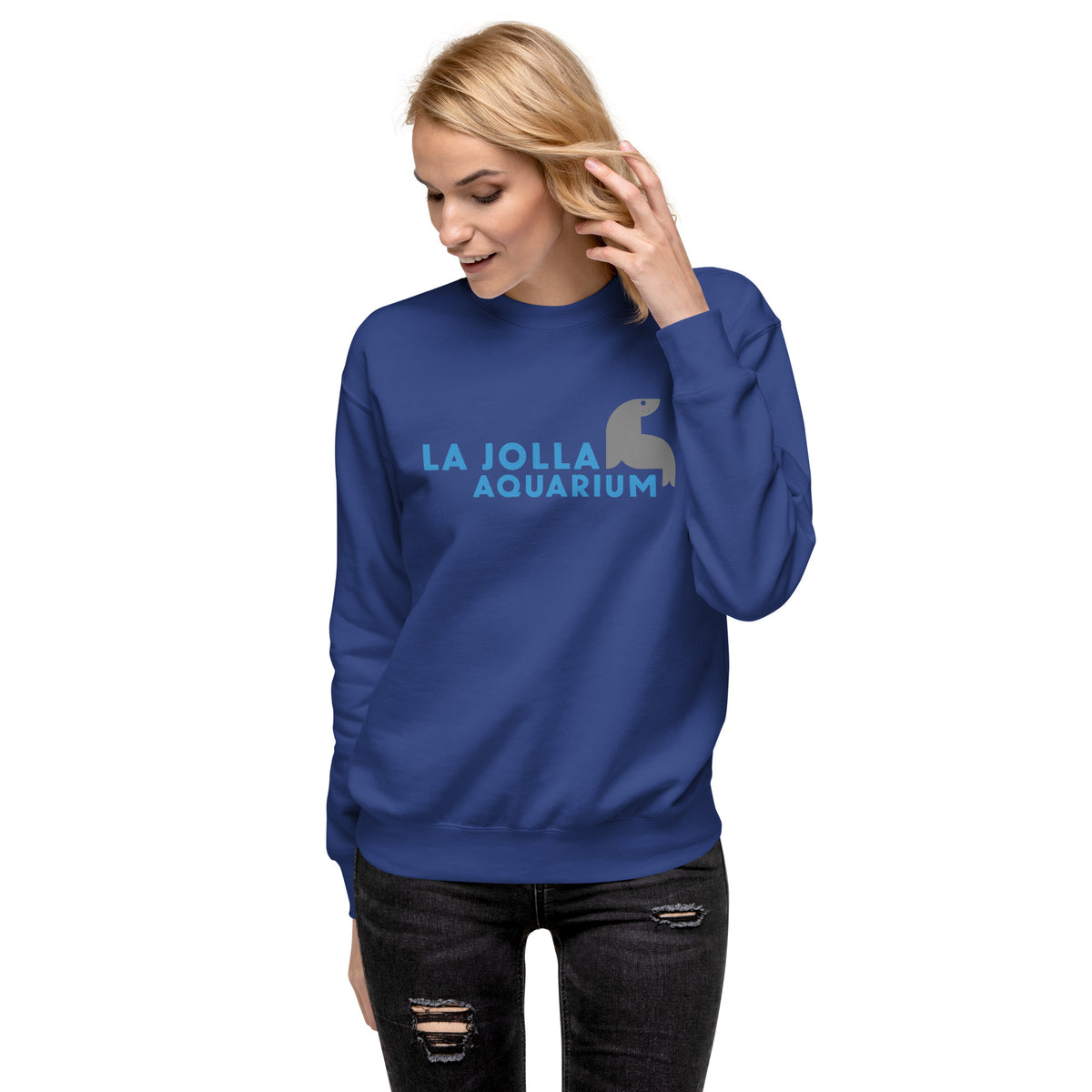La Jolla Aquarium vintage graphic, printed on a SodaPop Cool crew sweatshirt.