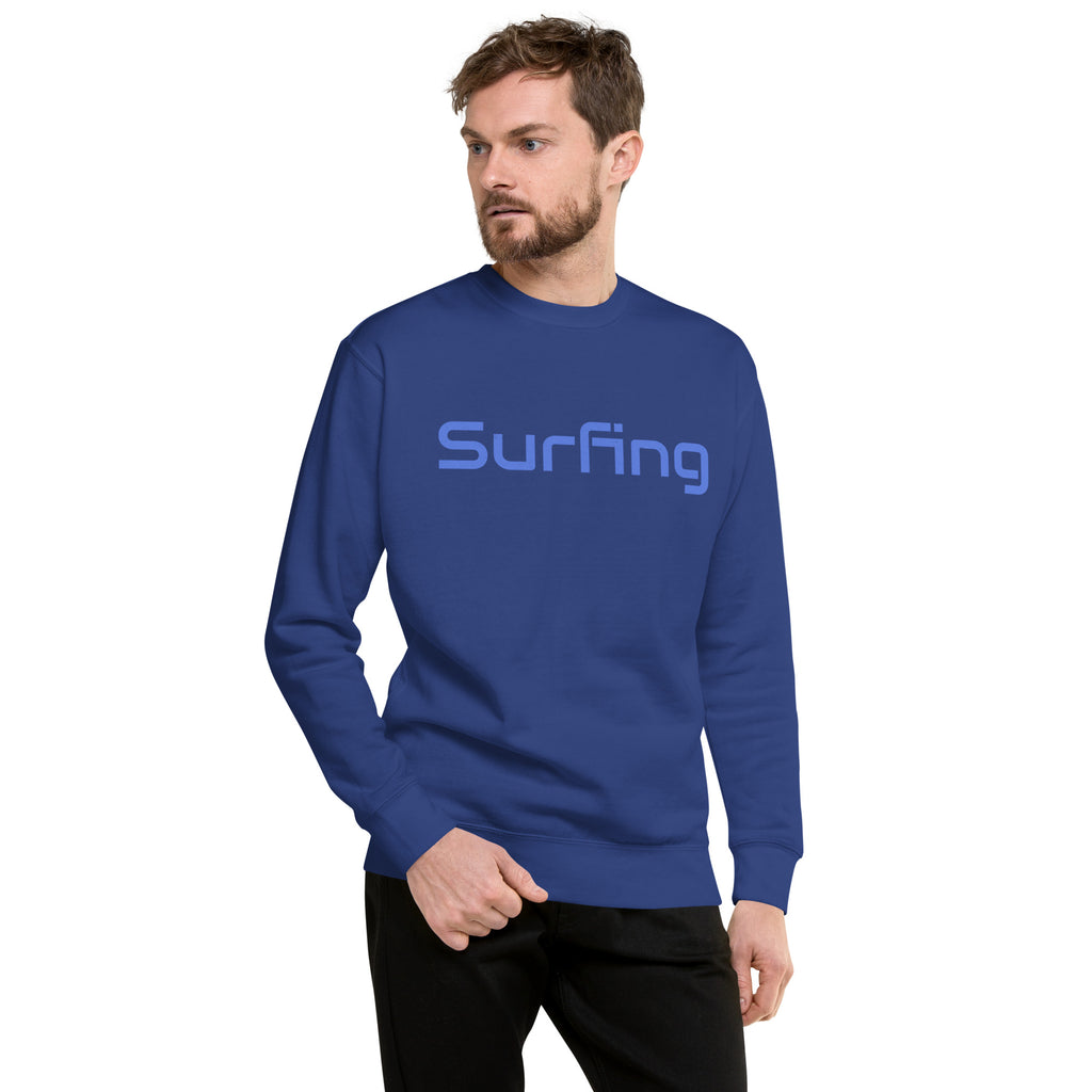Surfing vintage graphic, printed on a SodaPop Cool crew sweatshirt.