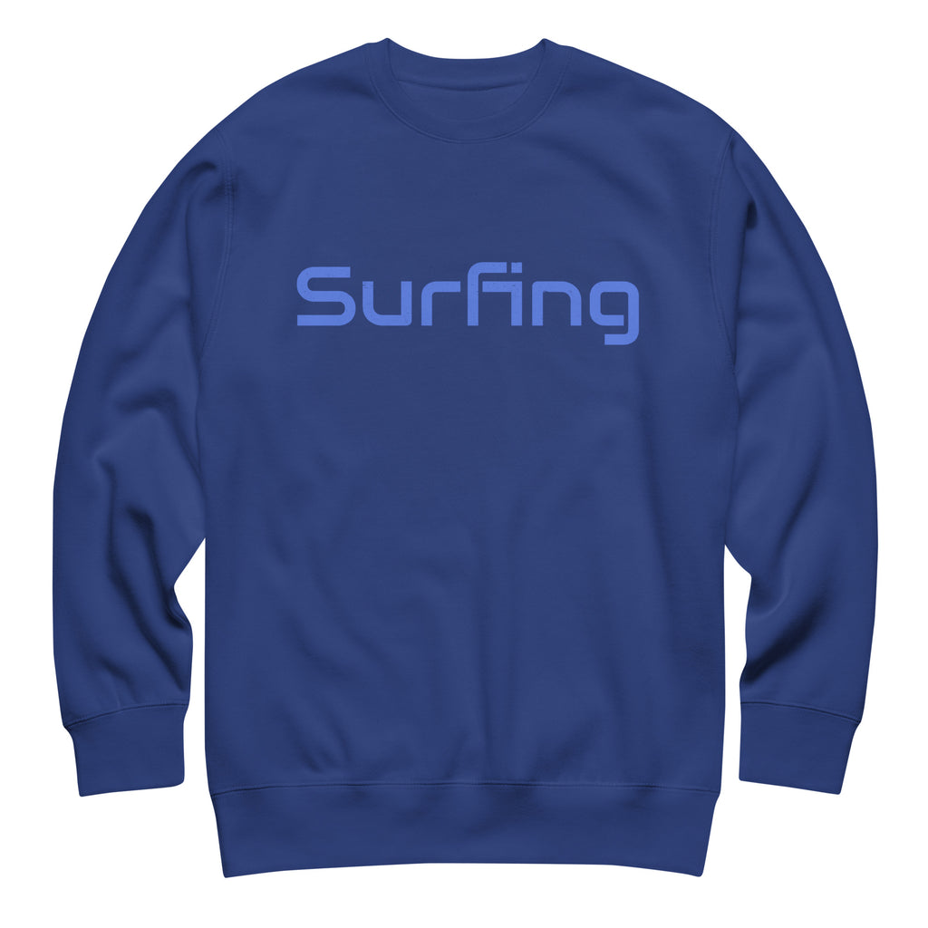 Surfing vintage graphic, printed on a SodaPop Cool crew sweatshirt.