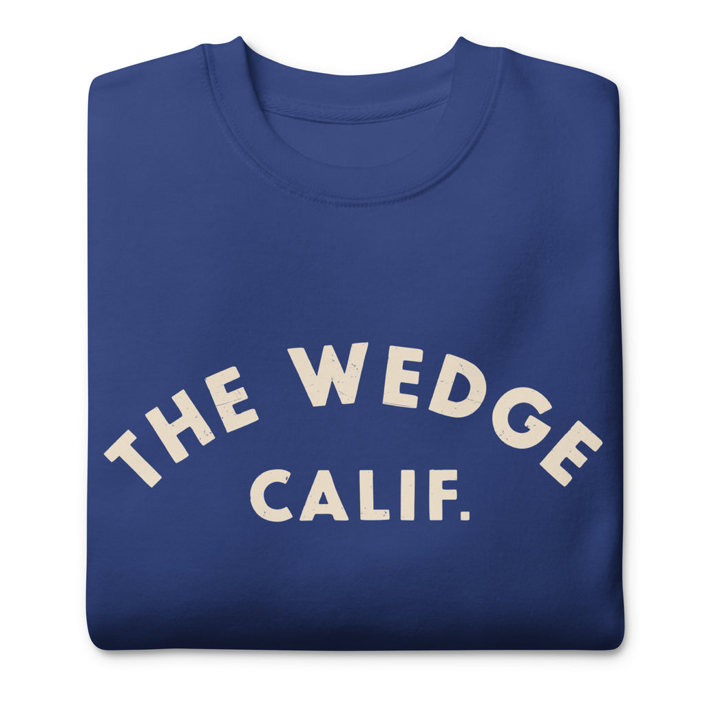 "The Wedge" in classic California surf lettering, printed on a SodaPop Cool crew sweatshirt.