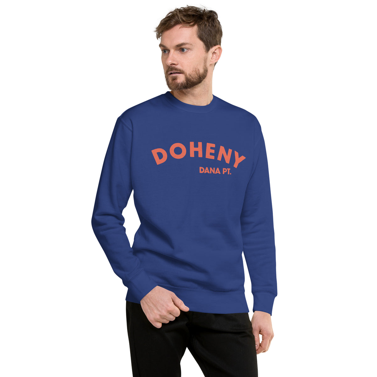 "Doheny Dana Point" in vintage California surf lettering, printed on a SodaPop Cool crew sweatshirt.