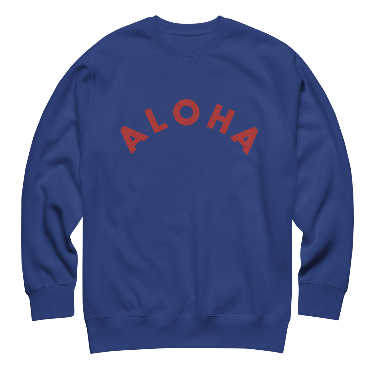 "Aloha" in clean vintage Hawaiian lettering, printed on a SodaPop Cool crew sweatshirt.