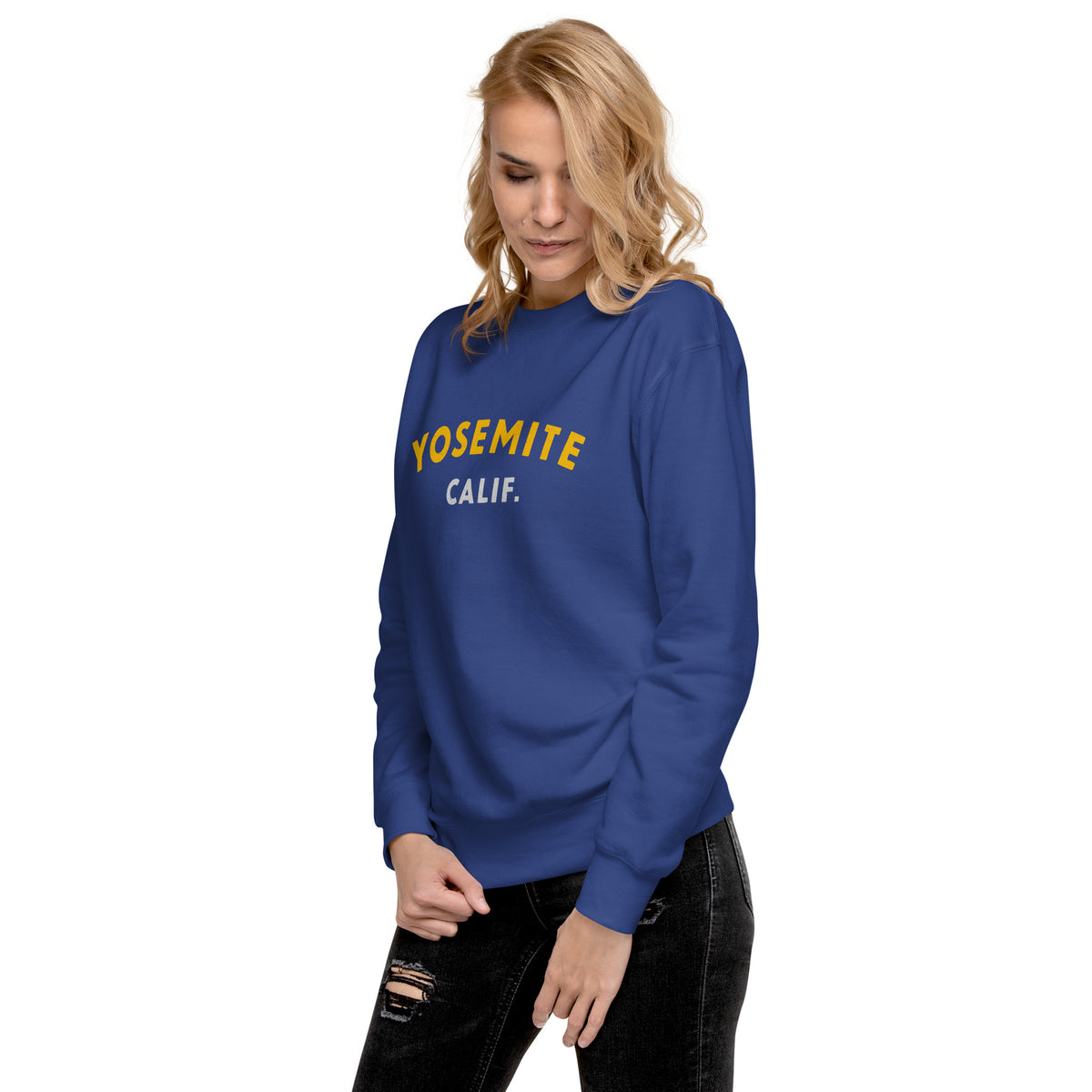 "Yosemite National Park" in vintage park-service lettering, printed on a SodaPop Cool crew sweatshirt.