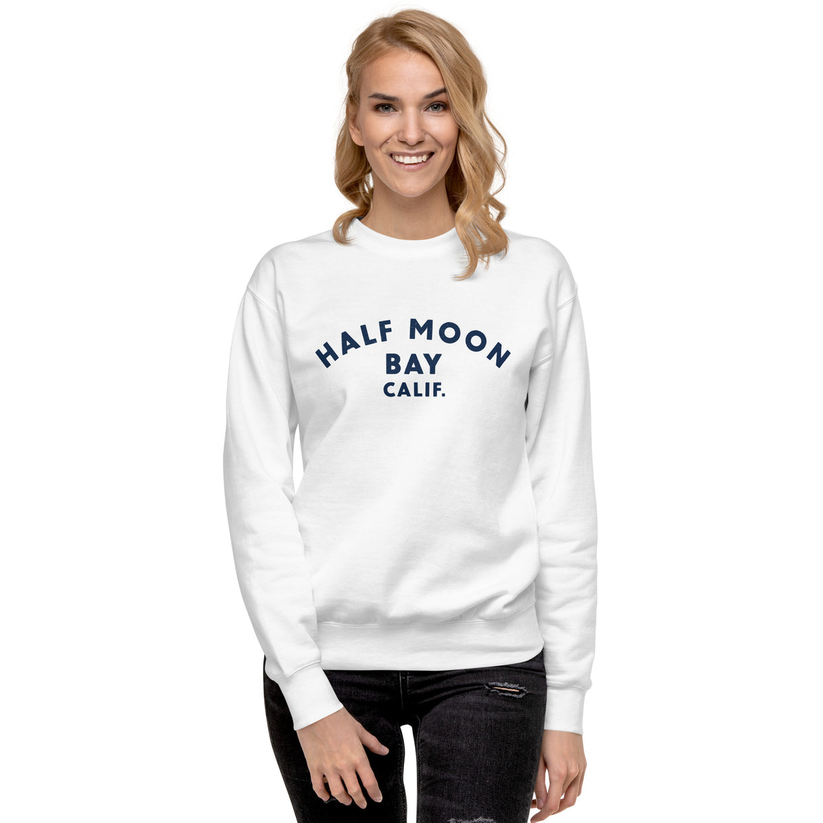 Half Moon Bay California vintage graphic, printed on a SodaPop Cool crew sweatshirt.