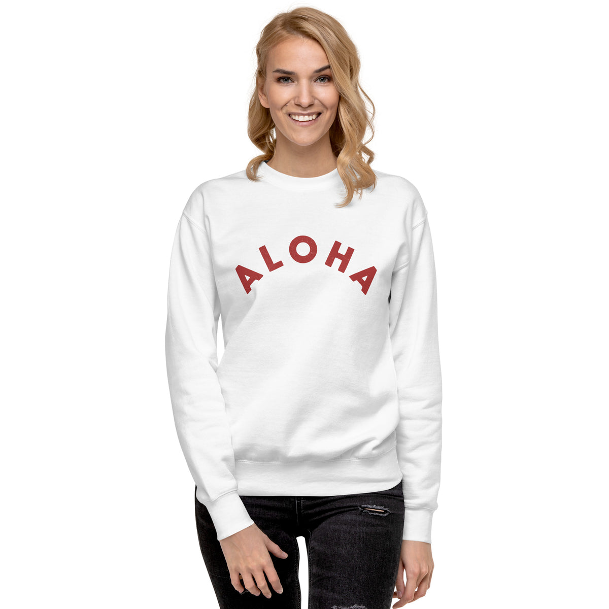 "Aloha" in clean vintage Hawaiian lettering, printed on a SodaPop Cool crew sweatshirt.
