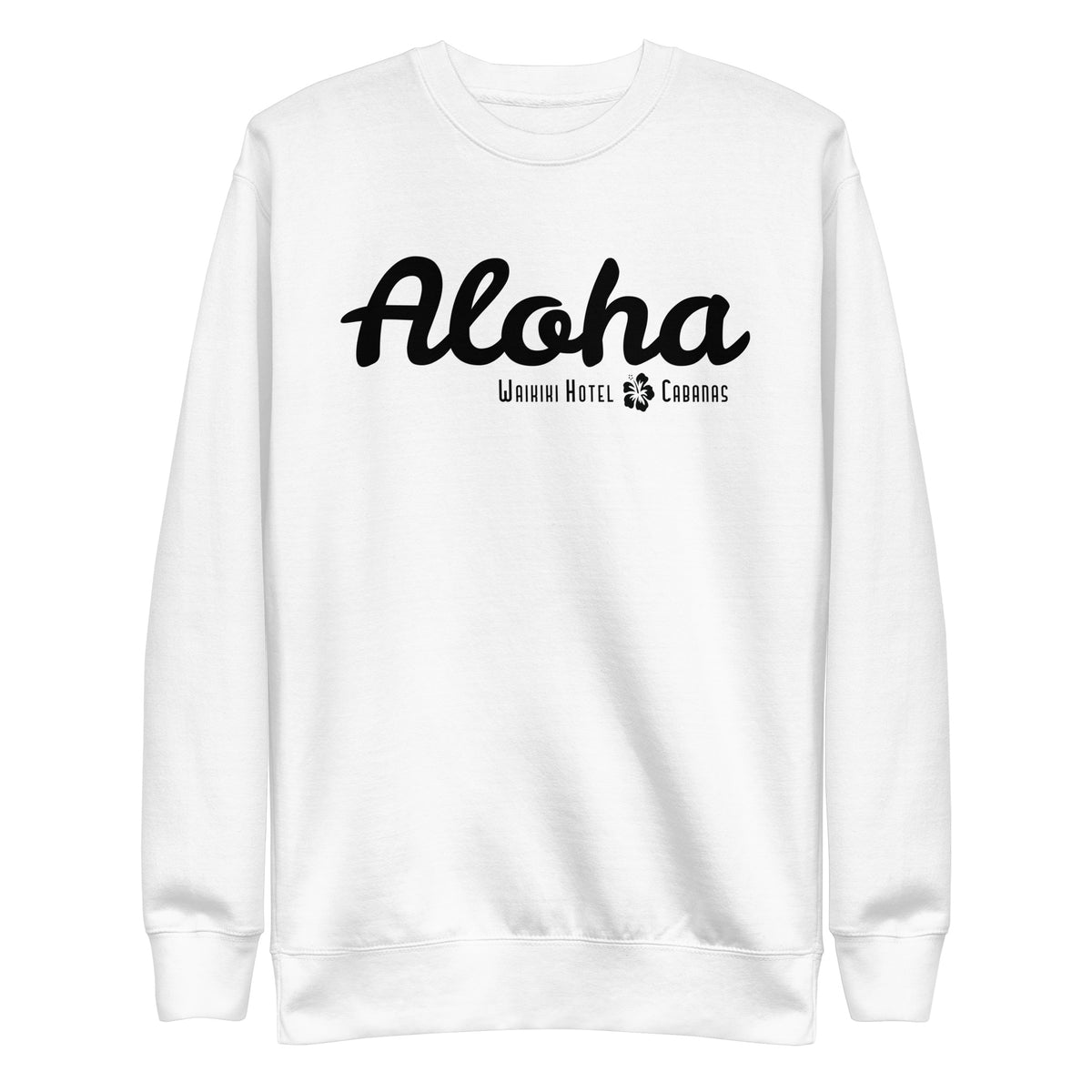 "Waikiki Hotel &amp; Cabanas" in vintage Hawaiian resort lettering, printed on a SodaPop Cool crew sweatshirt.