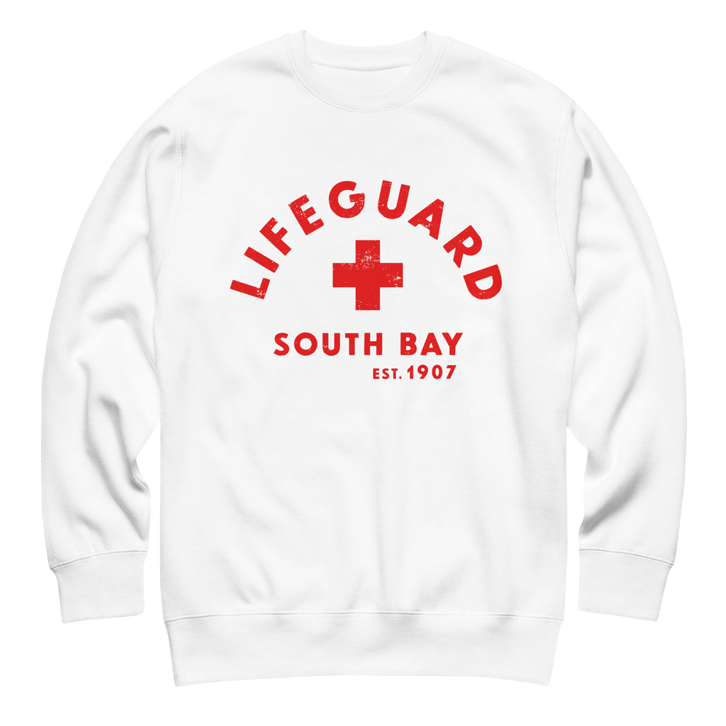 Lifeguard South Bay California 1907 vintage graphic, printed on a SodaPop Cool crew sweatshirt.