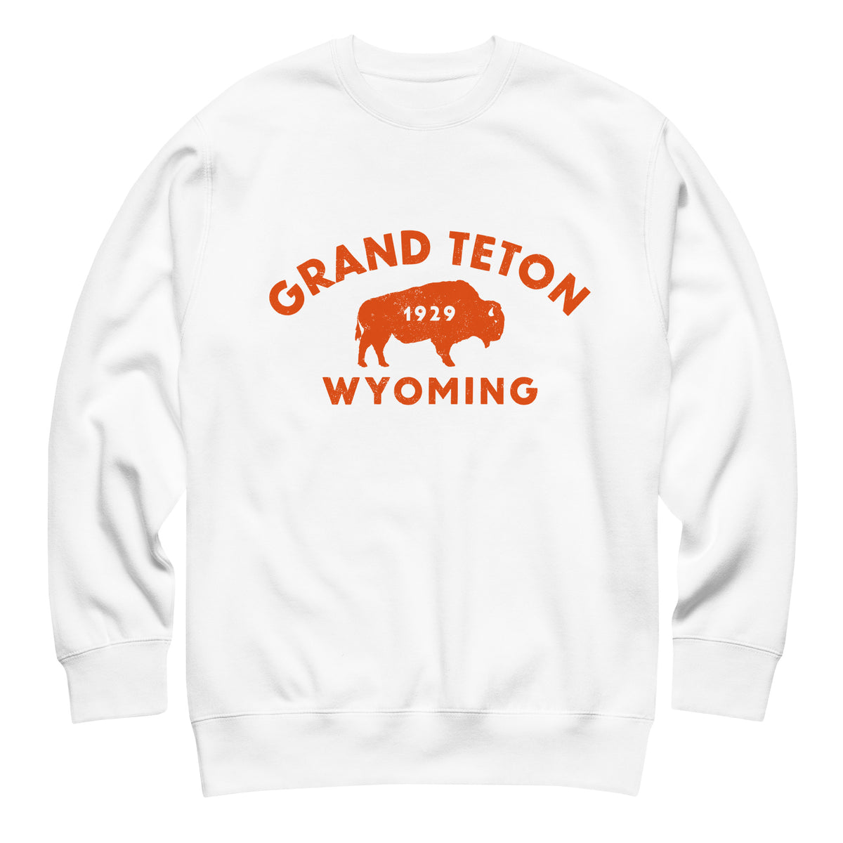 Bison in front of Grand Teton rock formations, vintage national park poster styling, printed on a SodaPop Cool crew sweatshirt.