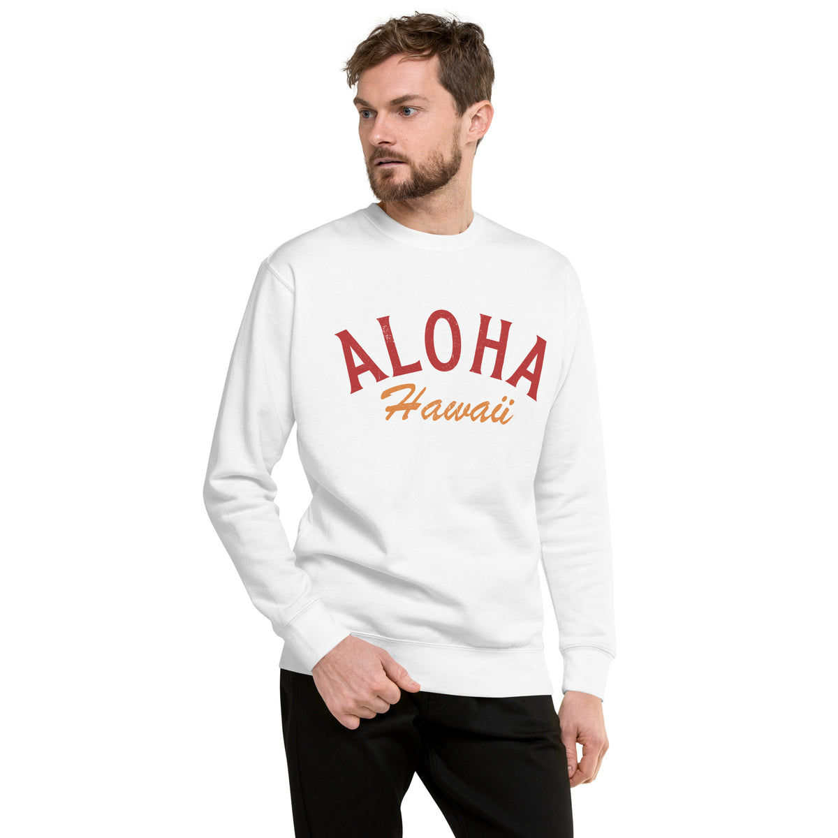 "Aloha Hawaii" in classic vintage island lettering, printed on a SodaPop Cool crew sweatshirt.