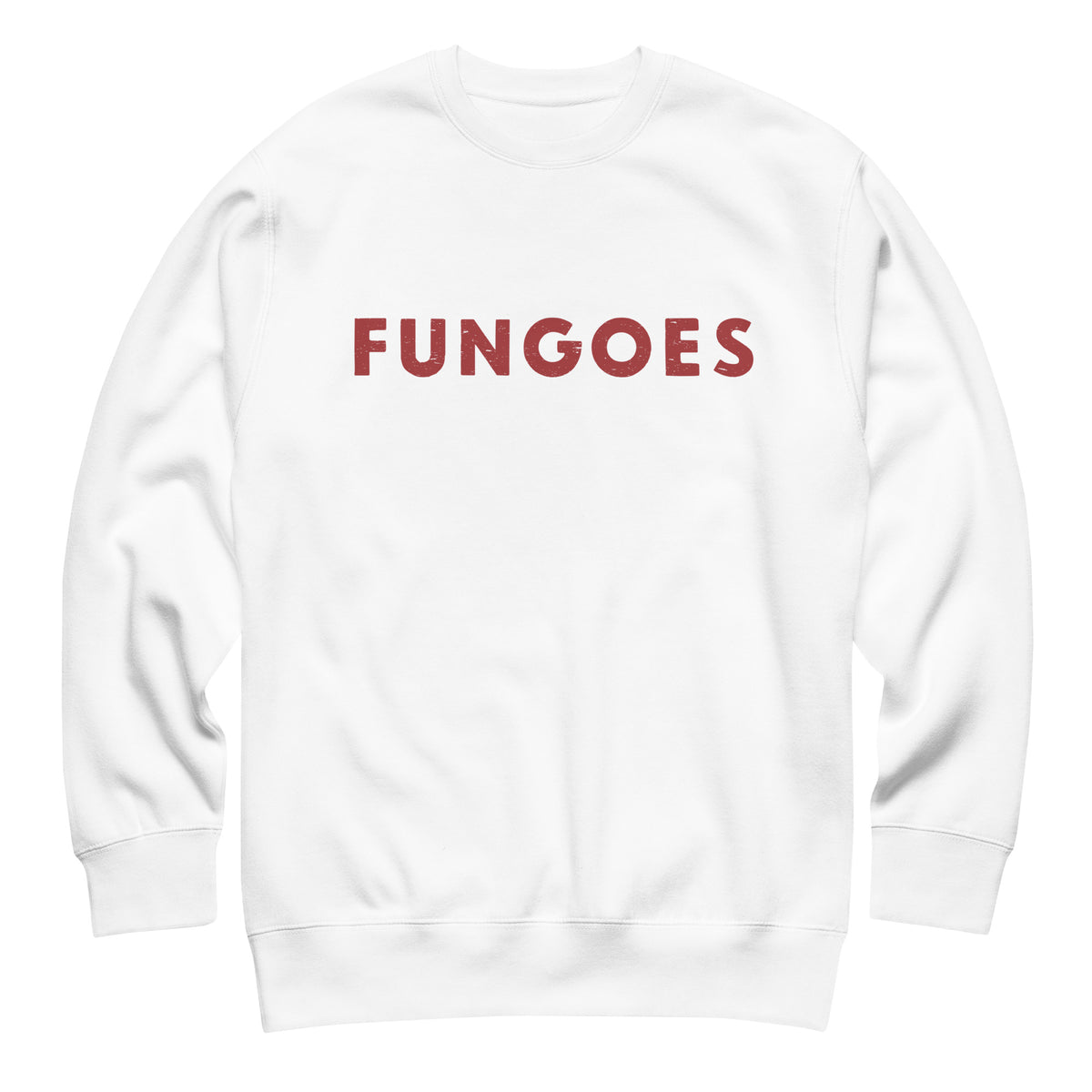 "Fungoes" in simple vintage baseball lettering, printed on a SodaPop Cool crew sweatshirt.
