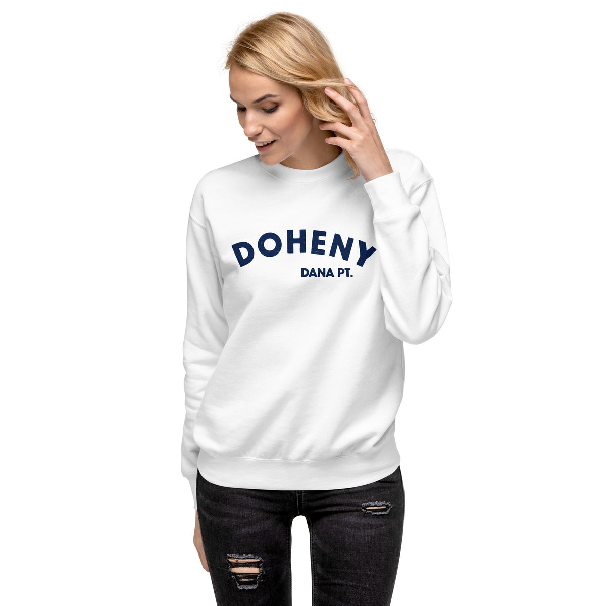 "Doheny Dana Point" in vintage California surf lettering, printed on a SodaPop Cool crew sweatshirt.