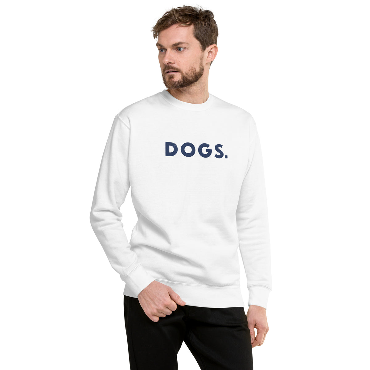The word "Dogs." with a full stop, in vintage print styling, printed on a SodaPop Cool crew sweatshirt.