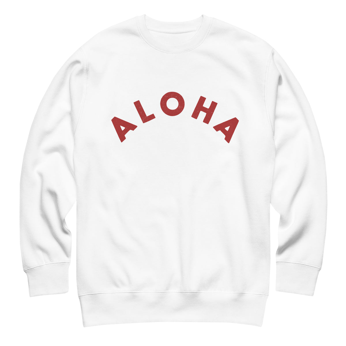 "Aloha" in clean vintage Hawaiian lettering, printed on a SodaPop Cool crew sweatshirt.