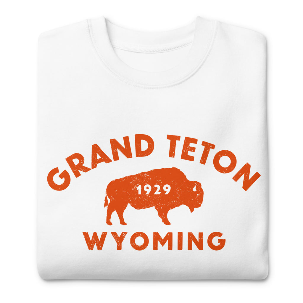 Bison in front of Grand Teton rock formations, vintage national park poster styling, printed on a SodaPop Cool crew sweatshirt.
