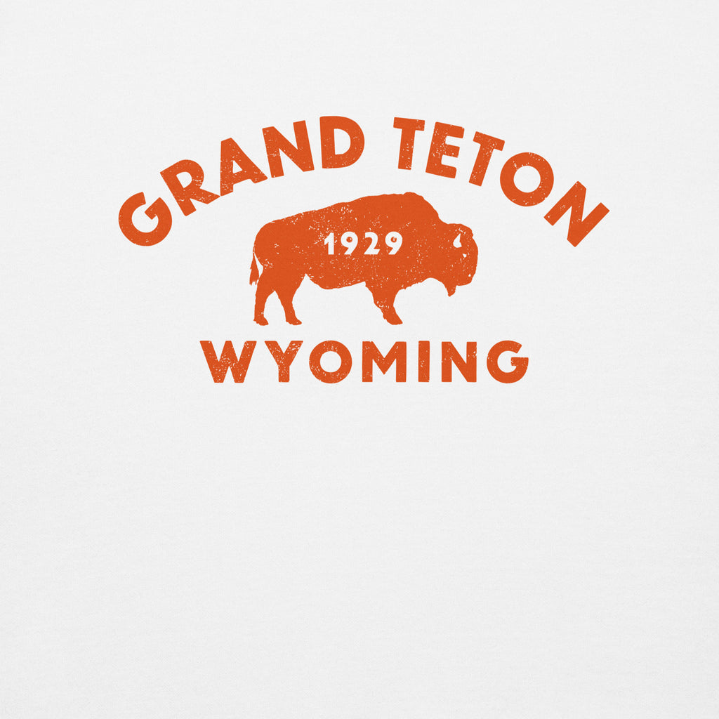 Bison in front of Grand Teton rock formations, vintage national park poster styling, printed on a SodaPop Cool crew sweatshirt.